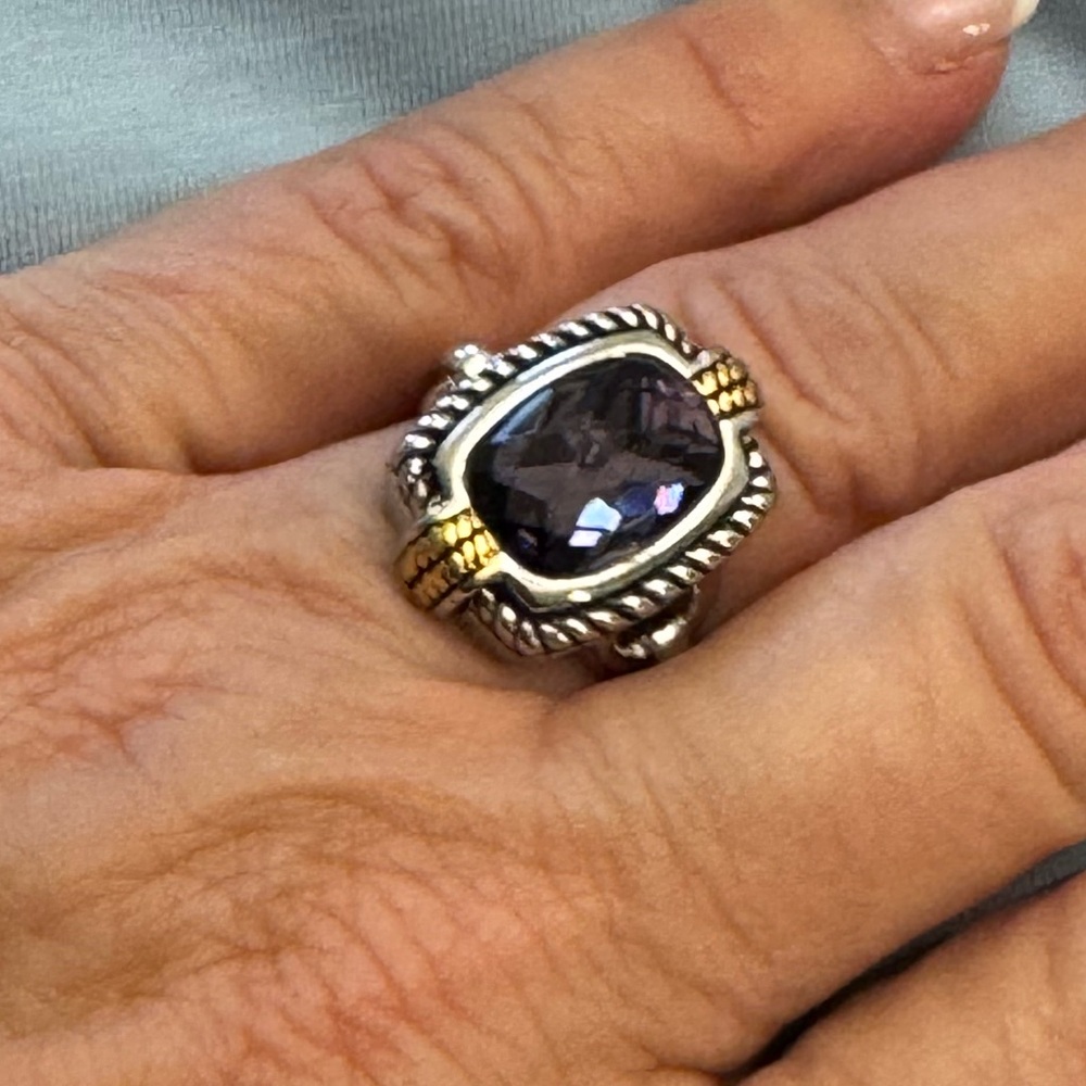 Faceted Faux Amethyst Silver Tone Statement Ring - Picture 2 of 12